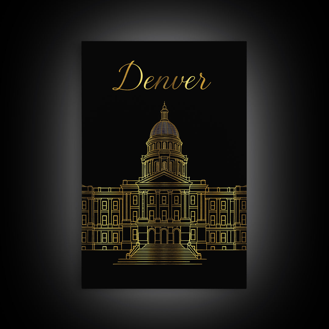 Denver Travel Poster, Framed Canvas Print, Minimalist Gold Line Art, Denver Poster Print, Travel Art Print, Modern Wall Decor, Design 2