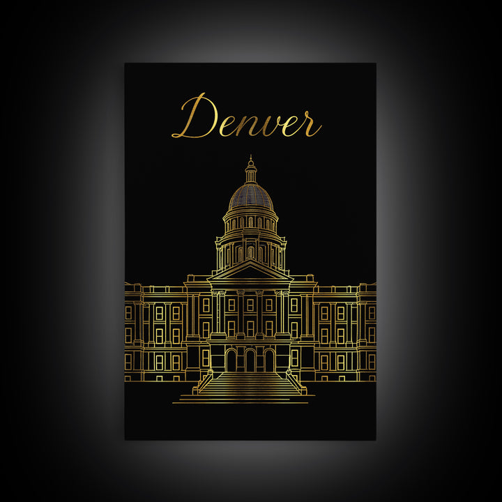 Denver Travel Poster, Framed Canvas Print, Minimalist Gold Line Art, Denver Poster Print, Travel Art Print, Modern Wall Decor, Design 2