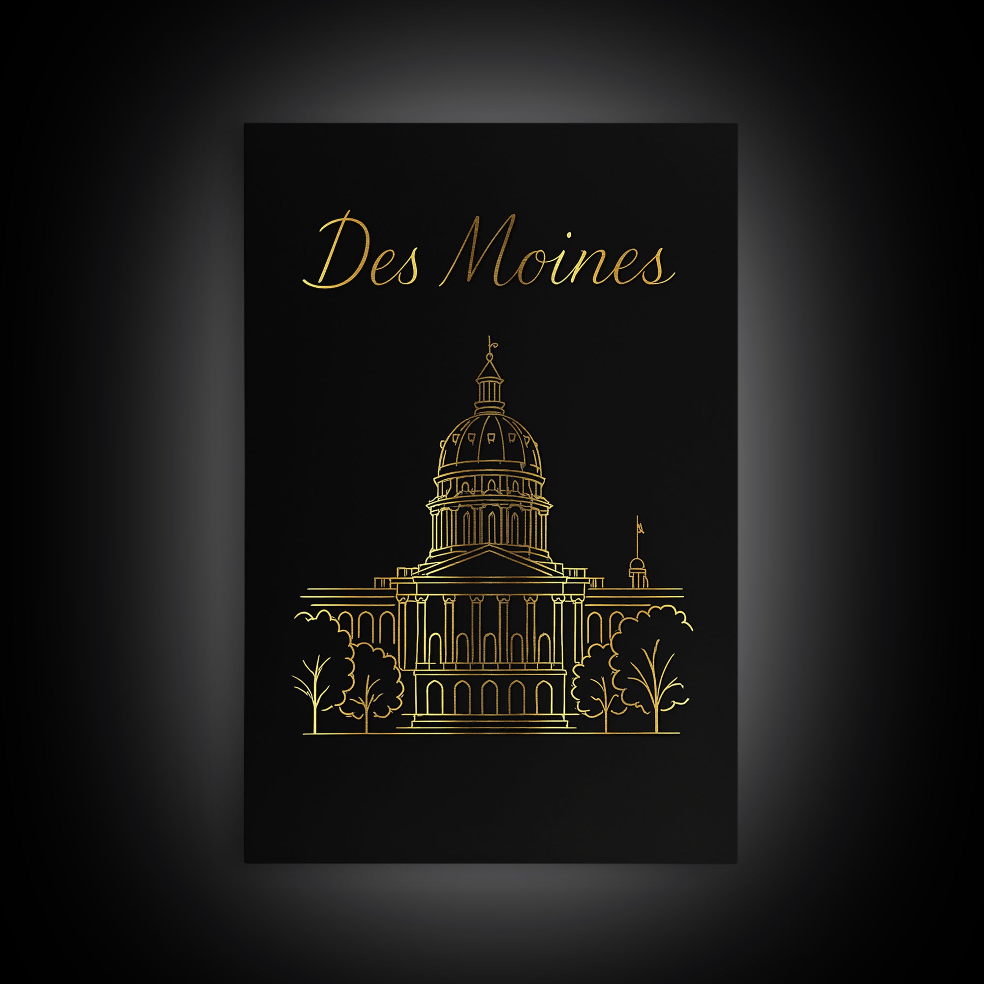Des Moines Travel Poster, Canvas Print, Black Gold Minimalist Art, Des Moines Art Print, Home Office Decor, Fine Art Print, Retro Poster