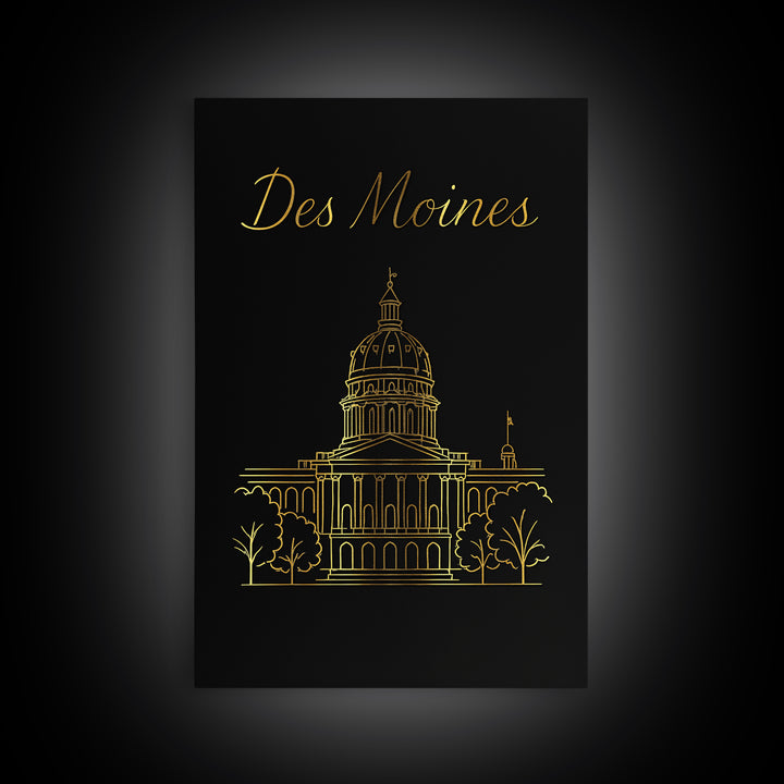 Des Moines Travel Poster, Canvas Print, Black Gold Minimalist Art, Des Moines Art Print, Home Office Decor, Fine Art Print, Retro Poster