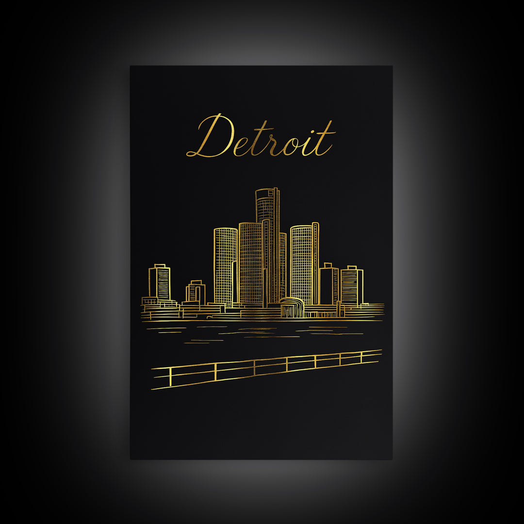 Detroit Michigan Travel Poster, Canvas Print, Black Gold Minimalist Art, Detroit City Art, City Travel Prints, Wanderlust Decor, Design 1