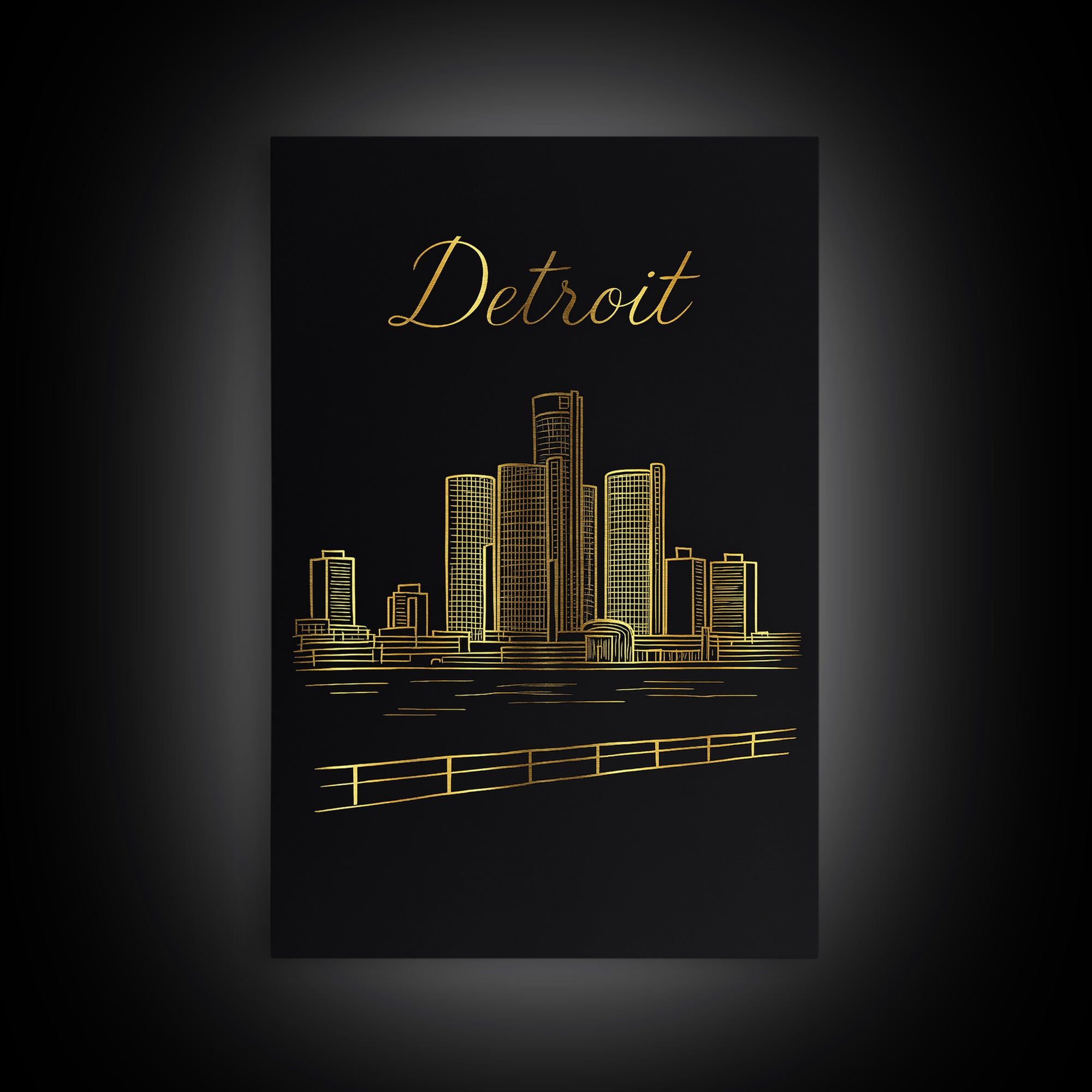 Detroit Michigan Travel Poster, Canvas Print, Black Gold Minimalist Art, Detroit City Art, City Travel Prints, Wanderlust Decor, Design 1