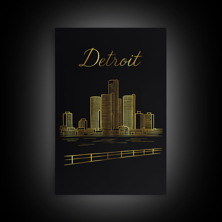 Detroit Michigan Travel Poster, Canvas Print, Black Gold Minimalist Art, Detroit City Art, City Travel Prints, Wanderlust Decor, Design 1