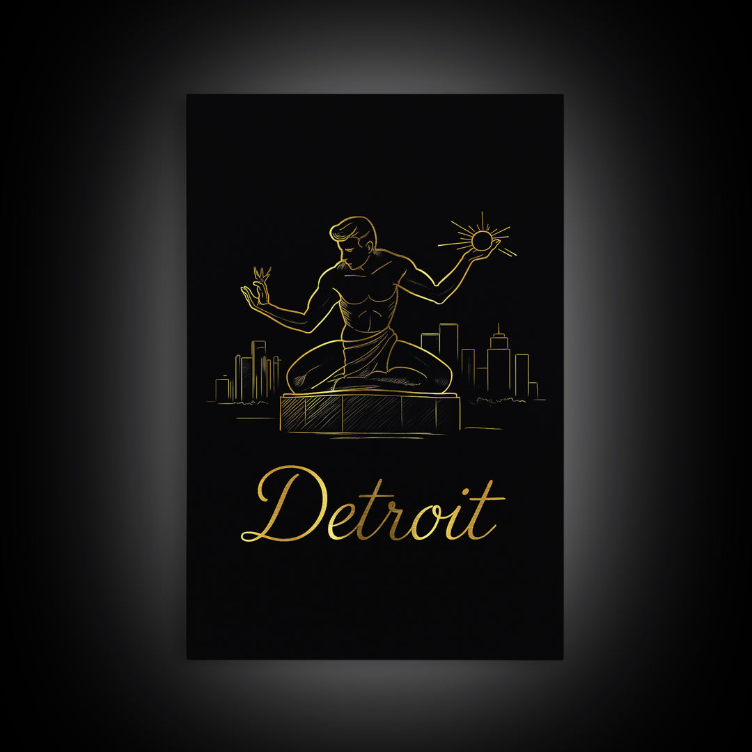 Detroit Travel Poster, Canvas Print, Gold Outline Poster Art, Detroit Art Print, Travel Wall Art, Gift For Travelers, Home Office Decor