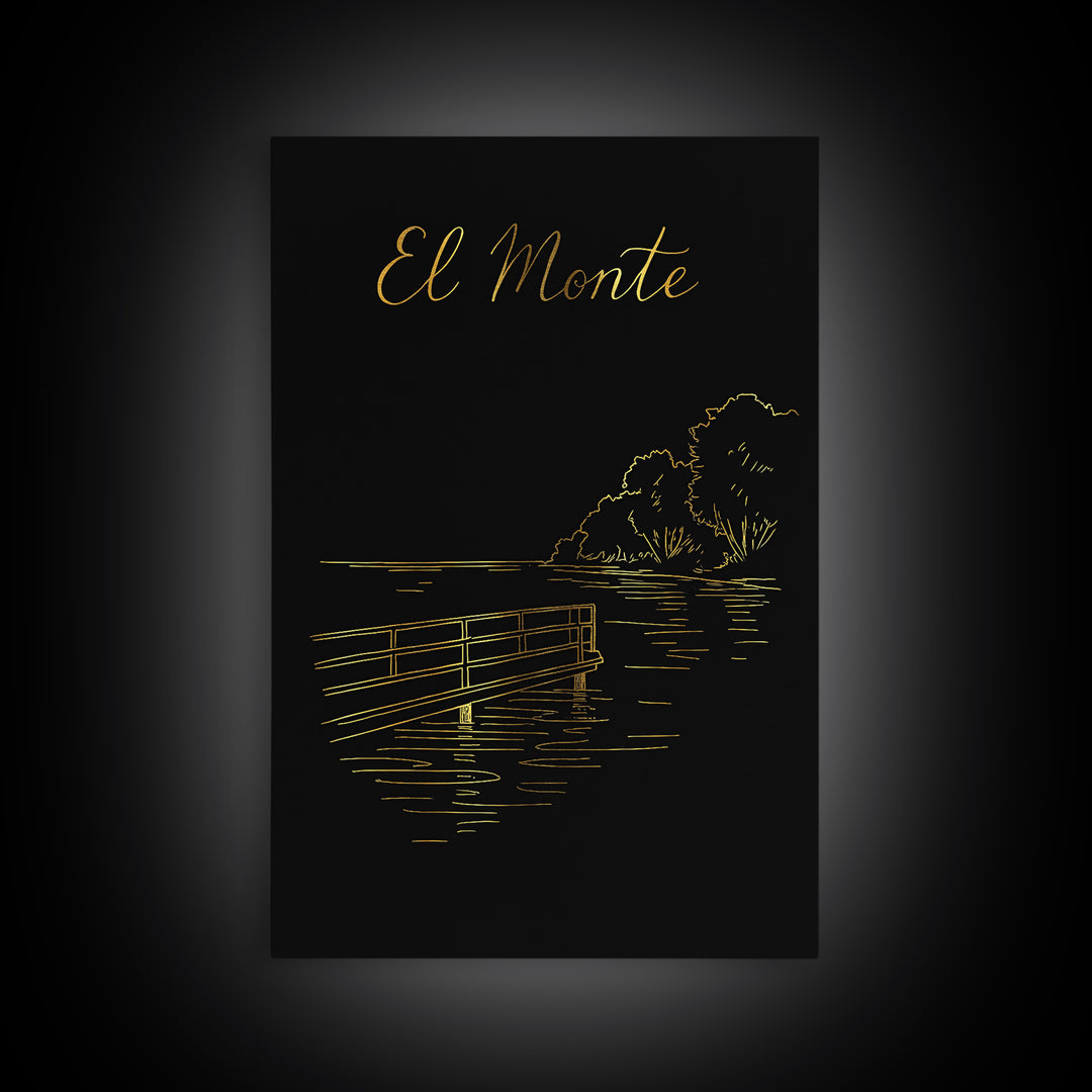 El Monte California Travel Poster, Canvas Print, Minimalist Gold Line Art, El Monte Wall Art, Gift For Travelers, City Art Print, Wall Art