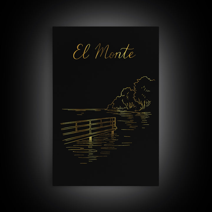 El Monte California Travel Poster, Canvas Print, Minimalist Gold Line Art, El Monte Wall Art, Gift For Travelers, City Art Print, Wall Art