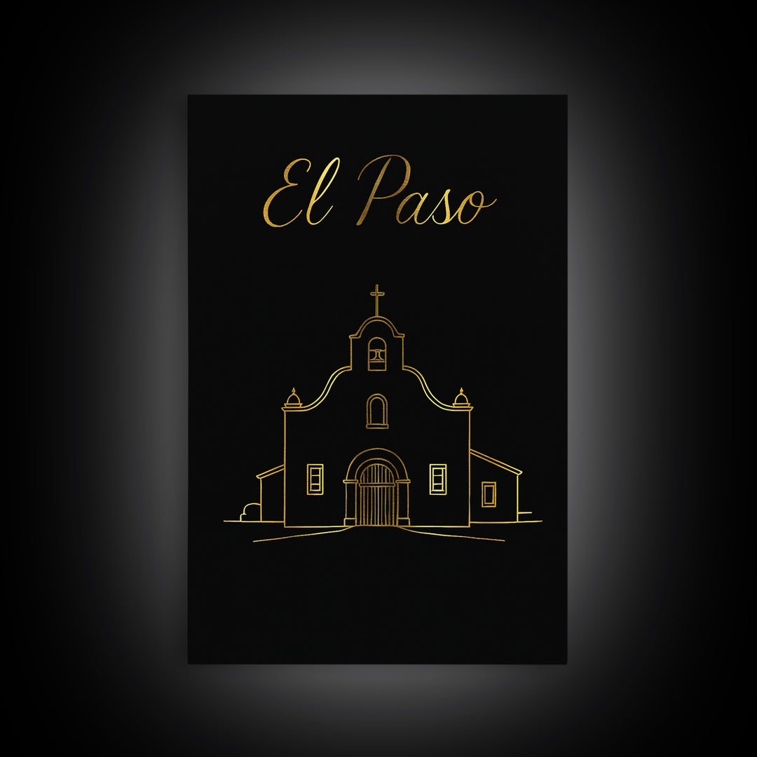 El Paso Texas Travel Poster, Canvas Print, Gold Outline Poster Art, El Paso Travel Art, City Art Print, Home Office Decor, Retro Poster