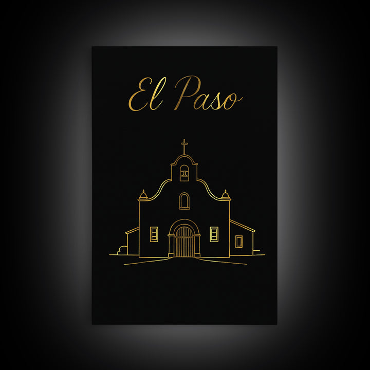 El Paso Texas Travel Poster, Canvas Print, Gold Outline Poster Art, El Paso Travel Art, City Art Print, Home Office Decor, Retro Poster