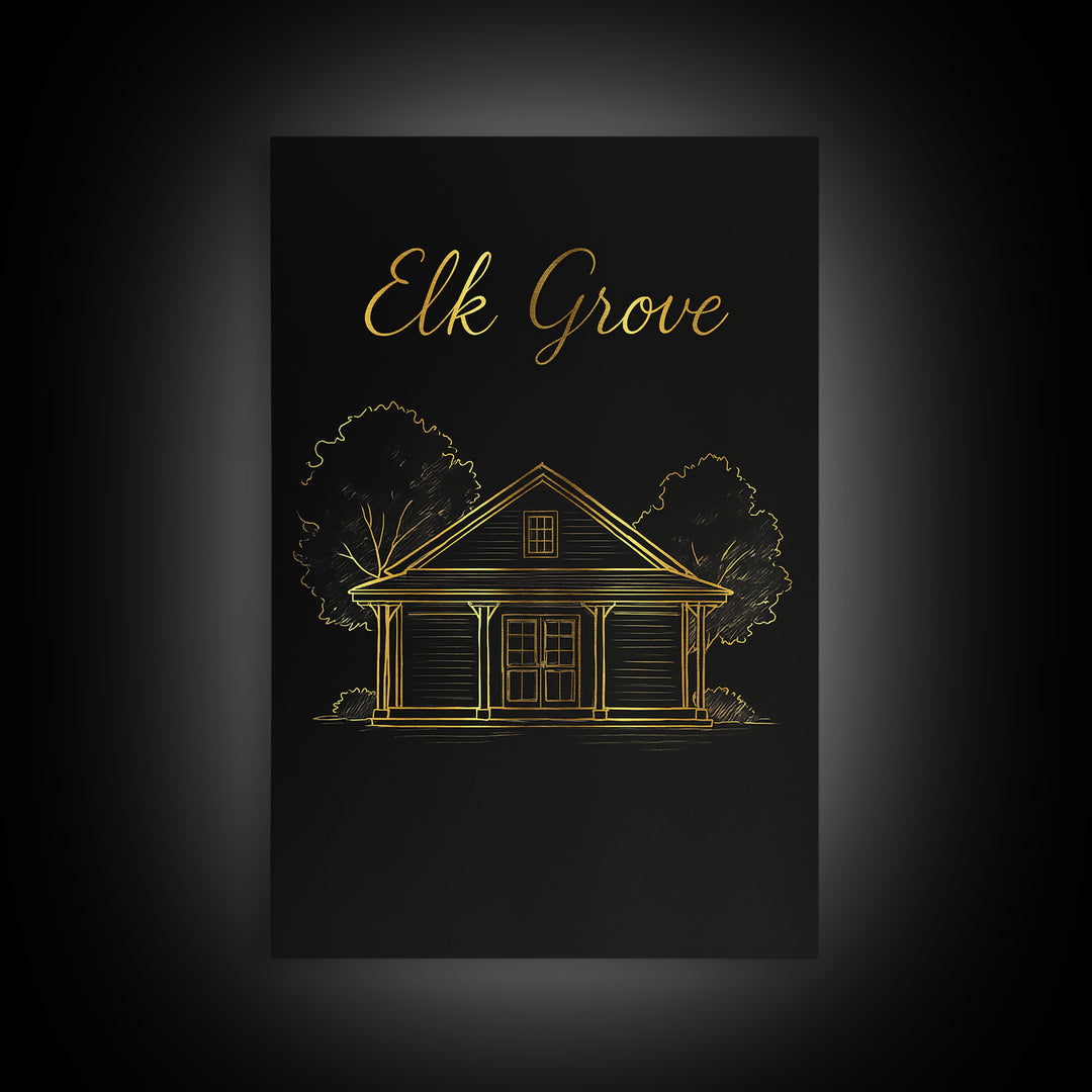Elk Grove California Travel Poster, Canvas Print, Minimalist Gold Line Art, Elk Grove Wall Art, Travel Poster Set, Wall Decor, Art Print