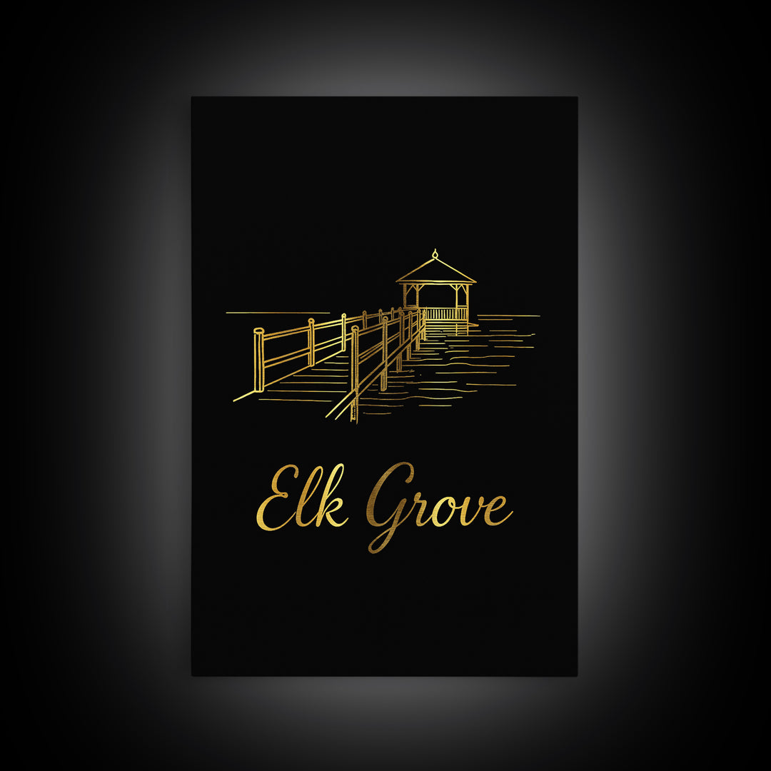 Elk Grove Travel Poster, Canvas Print, Gold Outline Poster Art, Elk Grove Poster Print, Travel Wall Decor, Mid Century Wall Art