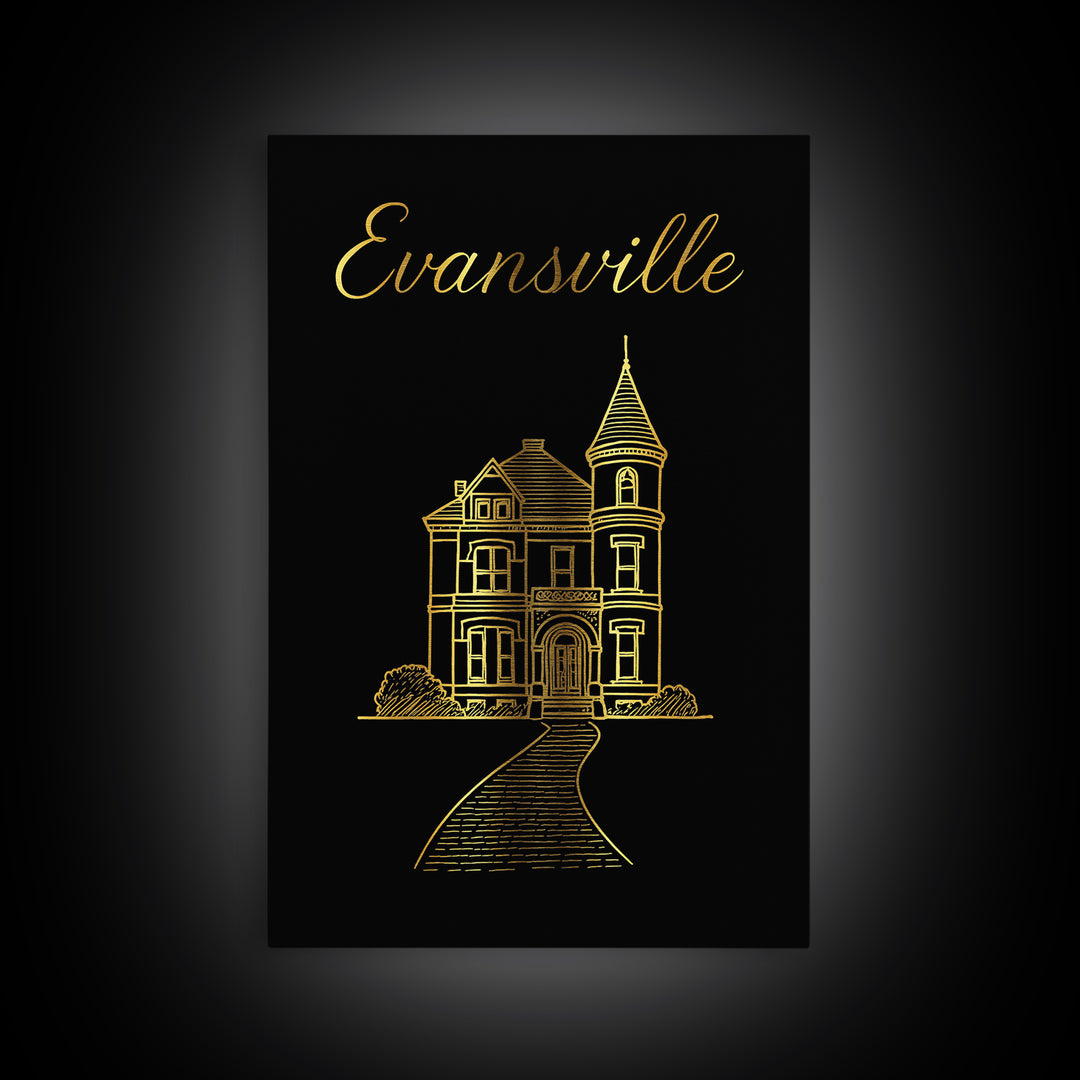 Evansville Indiana Travel Poster, Canvas Print, Minimalist Gold Line Art, Evansville Travel Art, Vintage City Art, Travel Art Print, Print