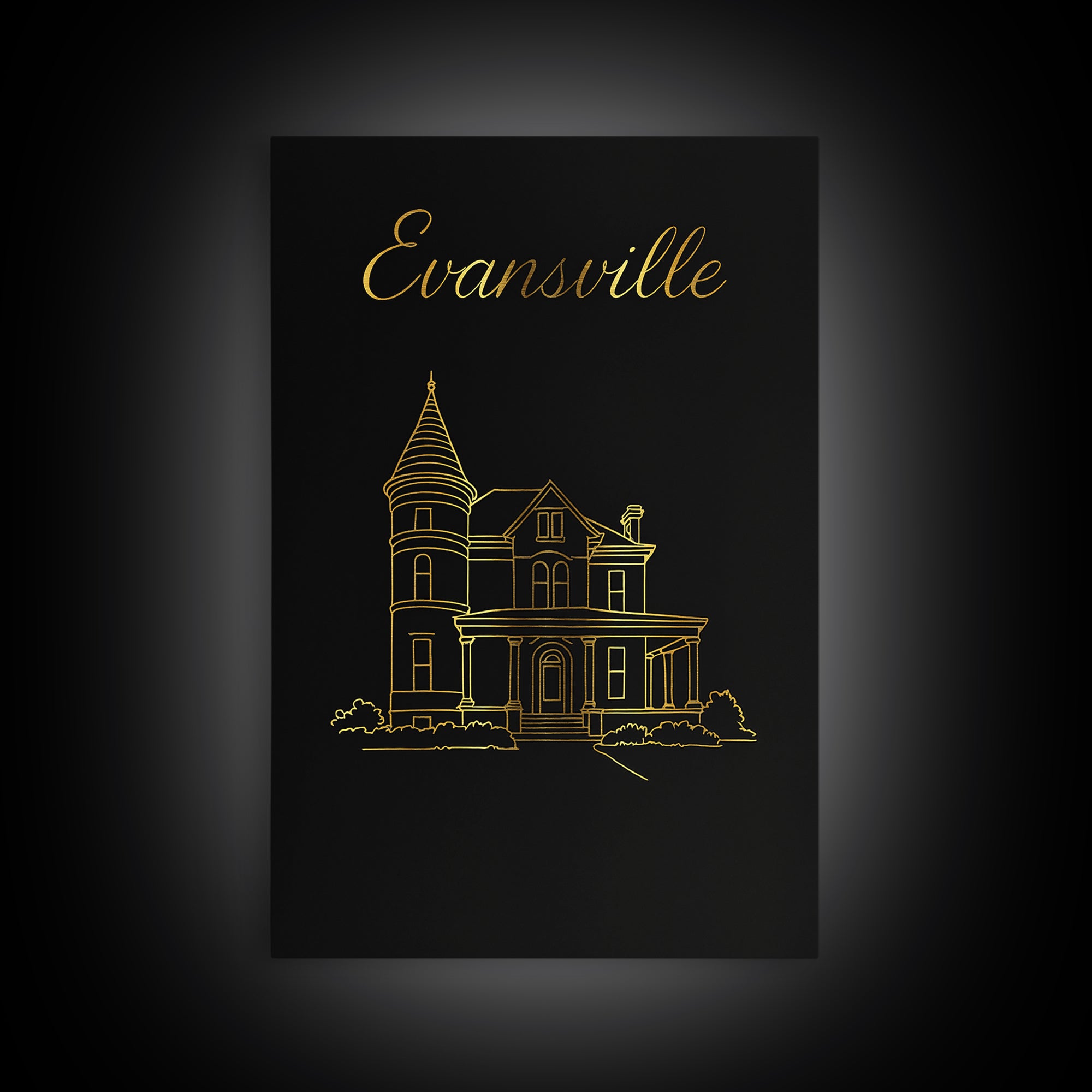 Evansville Travel Poster, Framed Canvas Print, Gold Outline Poster Art, Evansville Poster Print, Travel Wall Art, Fine Art Print