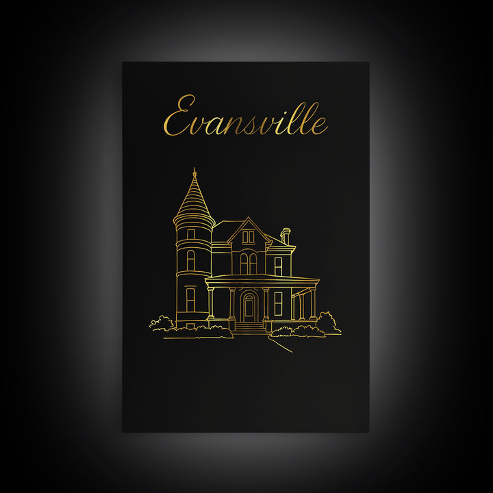 Evansville Travel Poster, Framed Canvas Print, Gold Outline Poster Art, Evansville Poster Print, Travel Wall Art, Fine Art Print