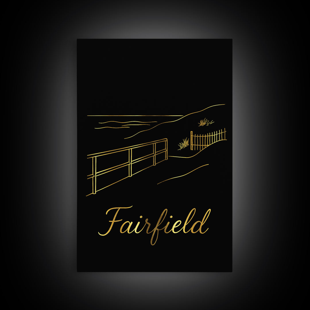 Fairfield Travel Poster, Canvas Print, Gold Outline Poster Art, Fairfield Poster Print, Eclectic Wall Decor, Travel Wall Decor