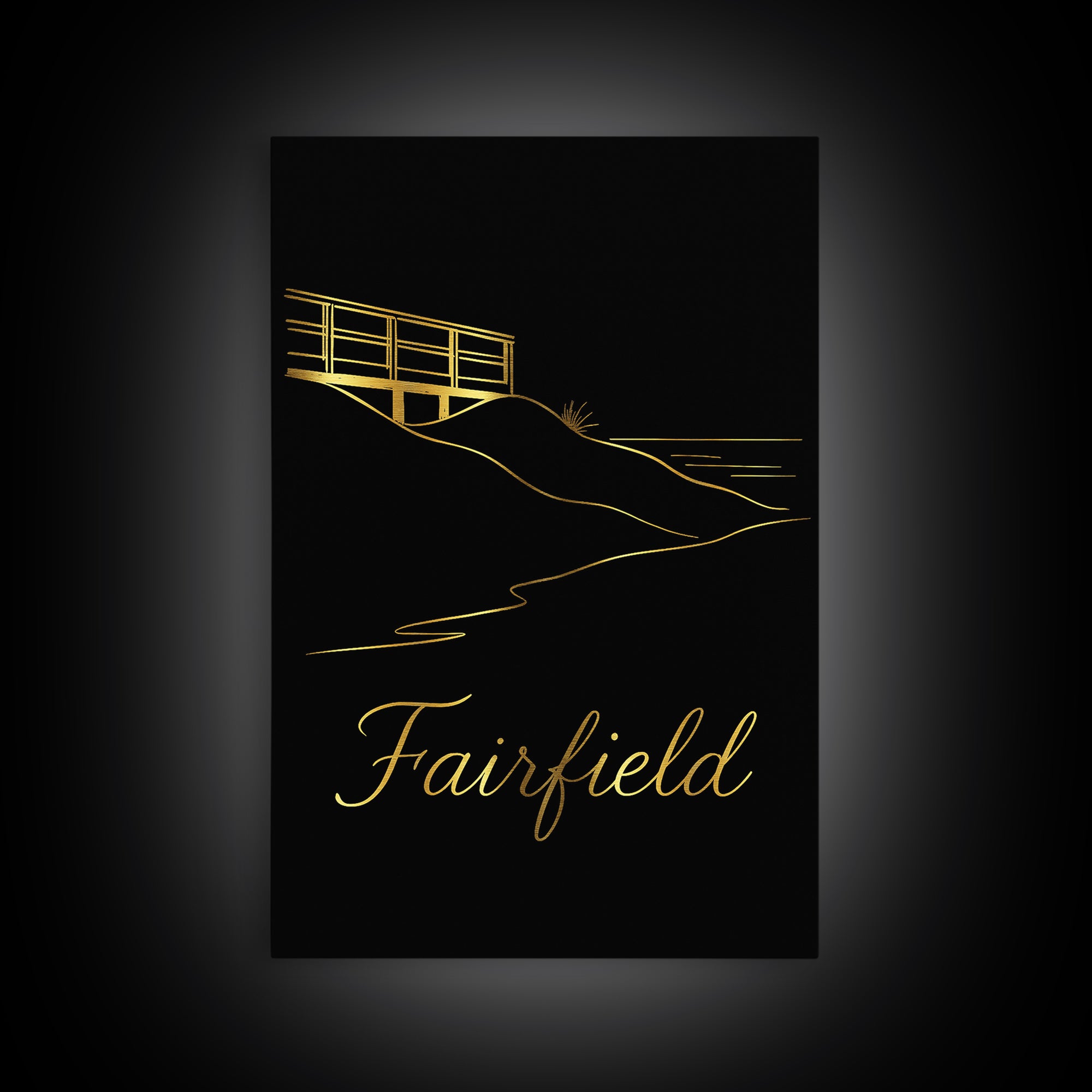 Fairfield Travel Poster, Framed Canvas Print, Gold Outline Poster Art, Fairfield Art Print, Vintage Travel Print, City Illustration