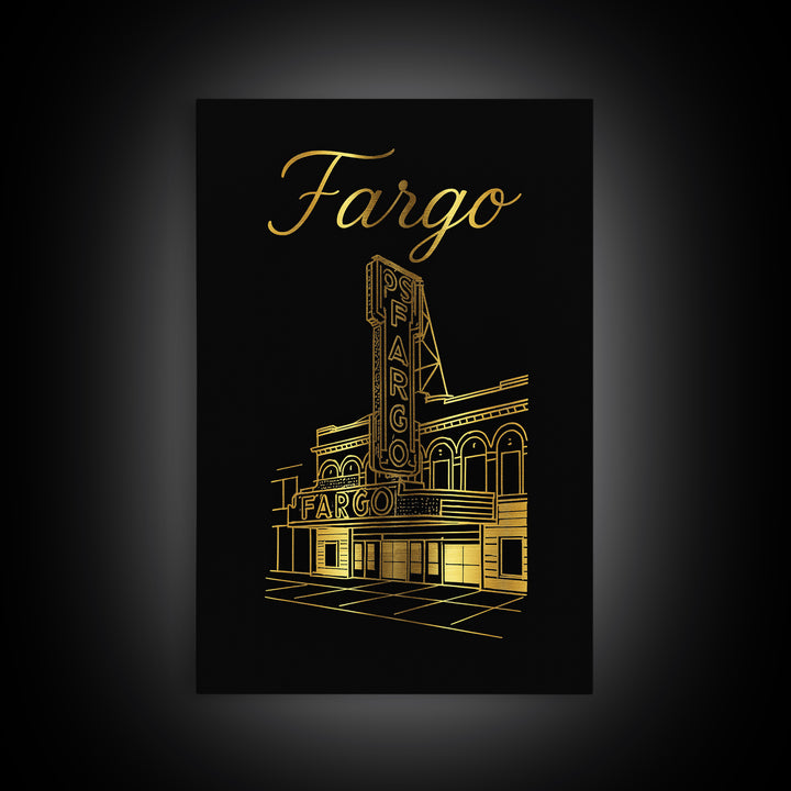 Fargo North Dakota Travel Poster, Canvas Print, Gold Outline Poster Art, Fargo City Art, Mid Century Wall Art, Fine Art Print, Wall Decor