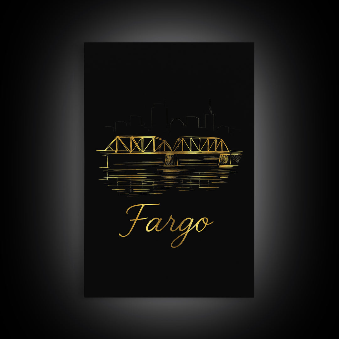 Fargo Travel Poster, Canvas Print, Gold Outline Poster Art, Fargo City Art, Travel Poster Set, Travel Art Print, Modern Wall Decor