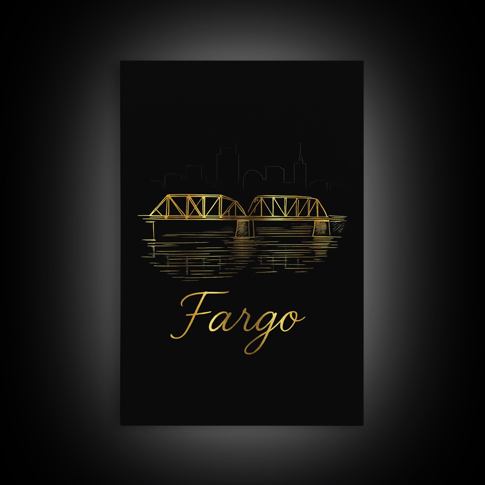 Fargo Travel Poster, Canvas Print, Gold Outline Poster Art, Fargo City Art, Travel Poster Set, Travel Art Print, Modern Wall Decor