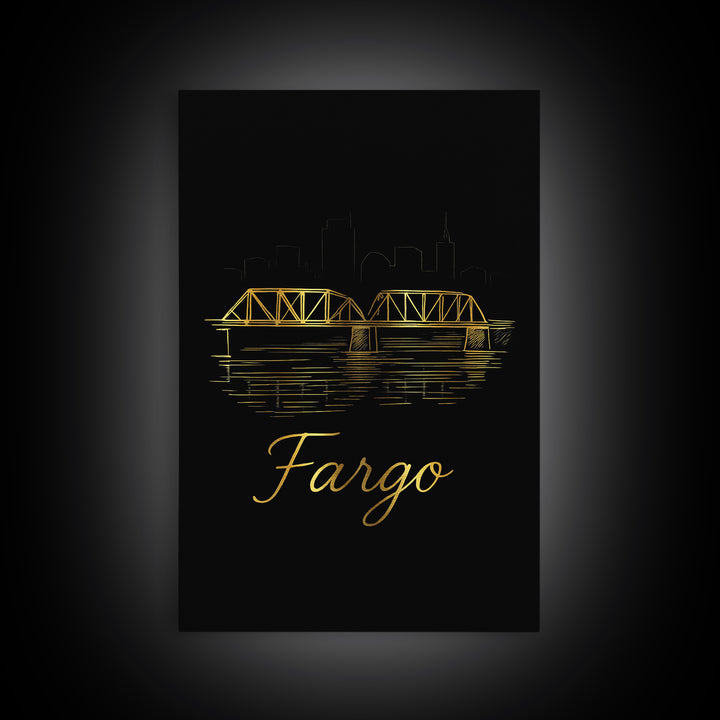 Fargo Travel Poster, Canvas Print, Gold Outline Poster Art, Fargo City Art, Travel Poster Set, Travel Art Print, Modern Wall Decor