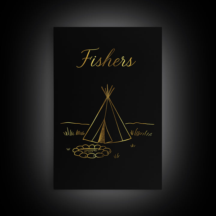 Fishers Indiana Travel Poster, Framed Canvas Print, Minimalist Gold Line Art, Fishers Poster Print, Mid Century Wall Art, Modern Wall Decor