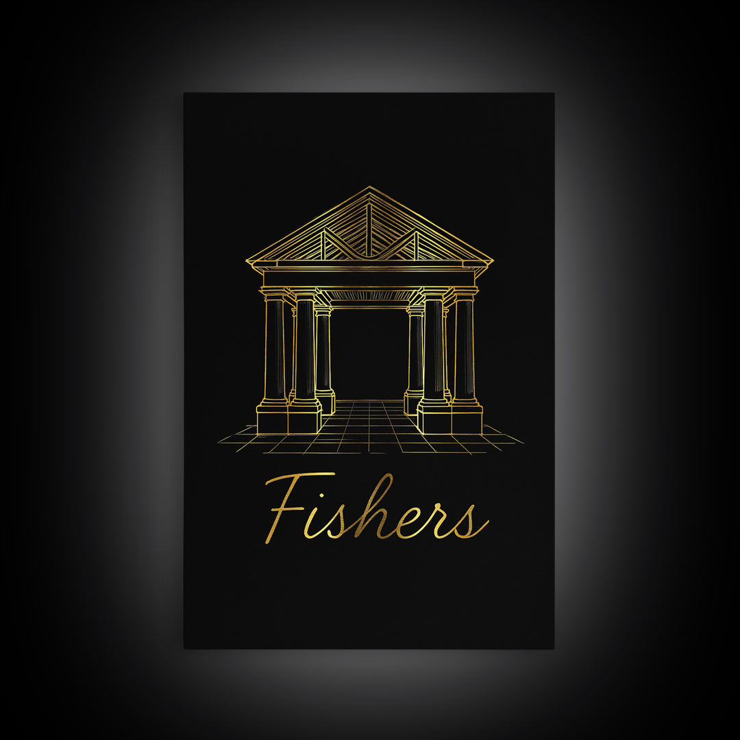 Fishers Travel Poster, Canvas Print, Gold Outline Poster Art, Fishers Travel Art, City Illustration, Vintage Travel Print, City Art Print