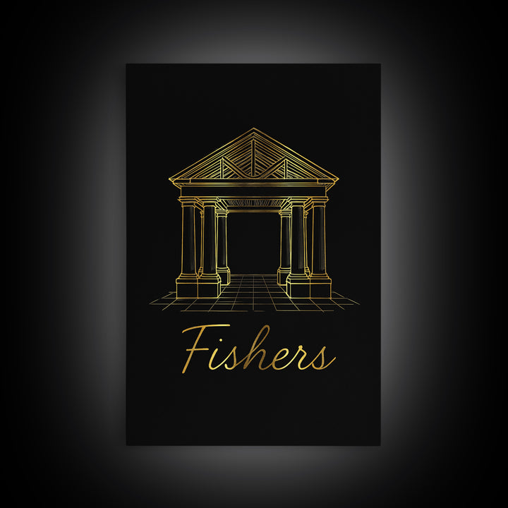 Fishers Travel Poster, Canvas Print, Gold Outline Poster Art, Fishers Travel Art, City Illustration, Vintage Travel Print, City Art Print