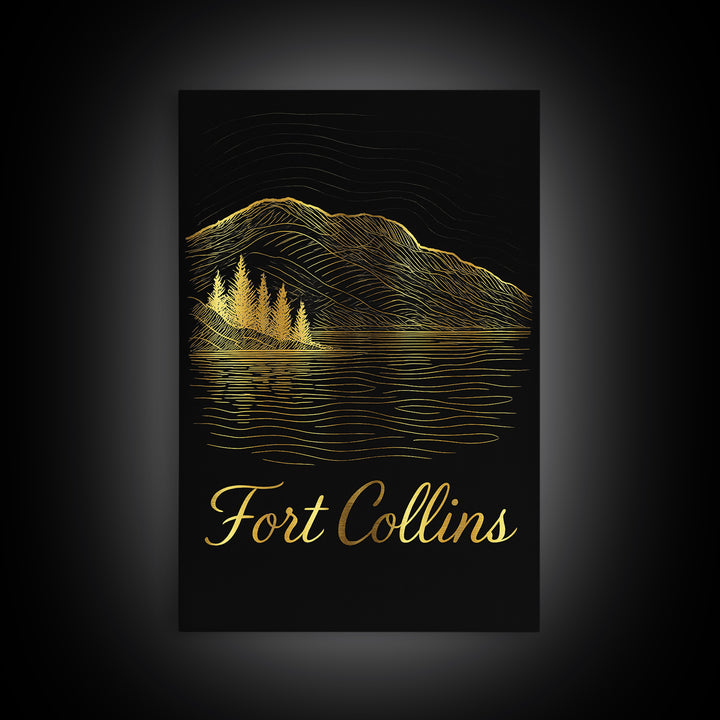 Fort Collins Travel Poster, Framed Canvas Print, Black Gold Minimalist Art, Fort Collins Wall Art, City Art Print, Fine Art Print