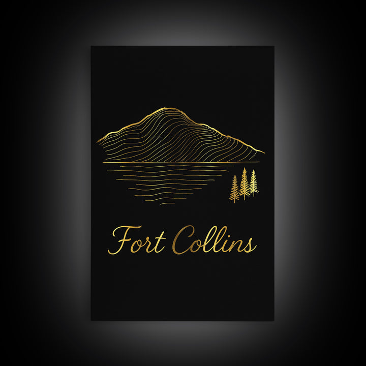 Fort Collins Travel Poster, Canvas Print, Gold Outline Poster Art, Fort Collins Art Print, Travel Wall Art, Travel Wall Decor, Design 4