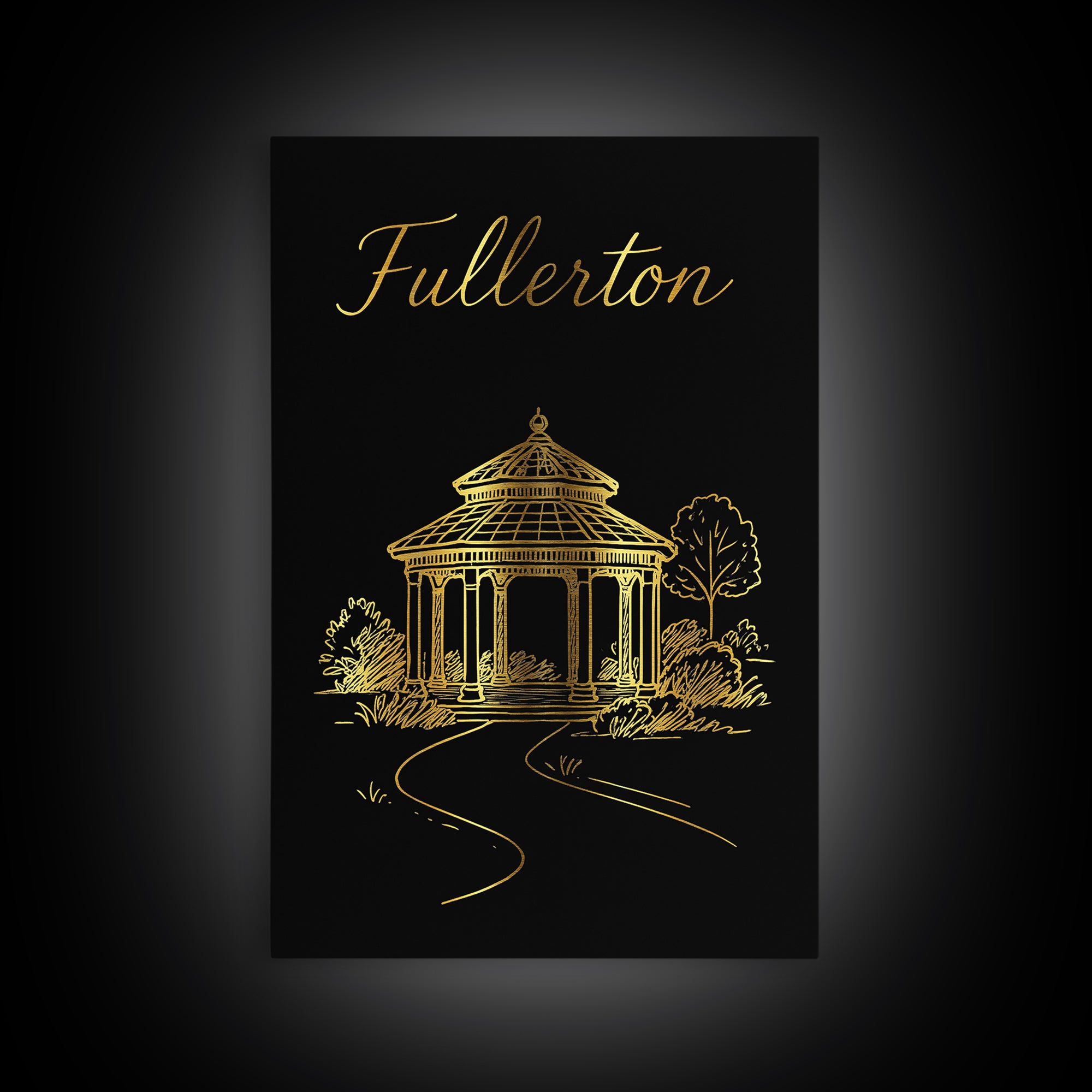 Fullerton Travel Poster, Canvas Print, Black Gold Minimalist Art, Fullerton Travel Art, Travel Wall Decor, Eclectic Wall Decor