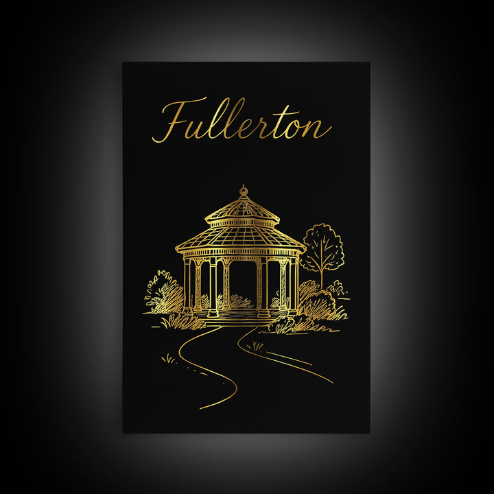 Fullerton Travel Poster, Canvas Print, Black Gold Minimalist Art, Fullerton Travel Art, Travel Wall Decor, Eclectic Wall Decor