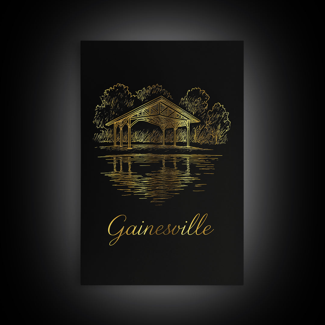 Gainesville Travel Poster, Framed Canvas Print, Minimalist Gold Line Art, Gainesville Travel Art, Wanderlust Decor, Modern Wall Decor
