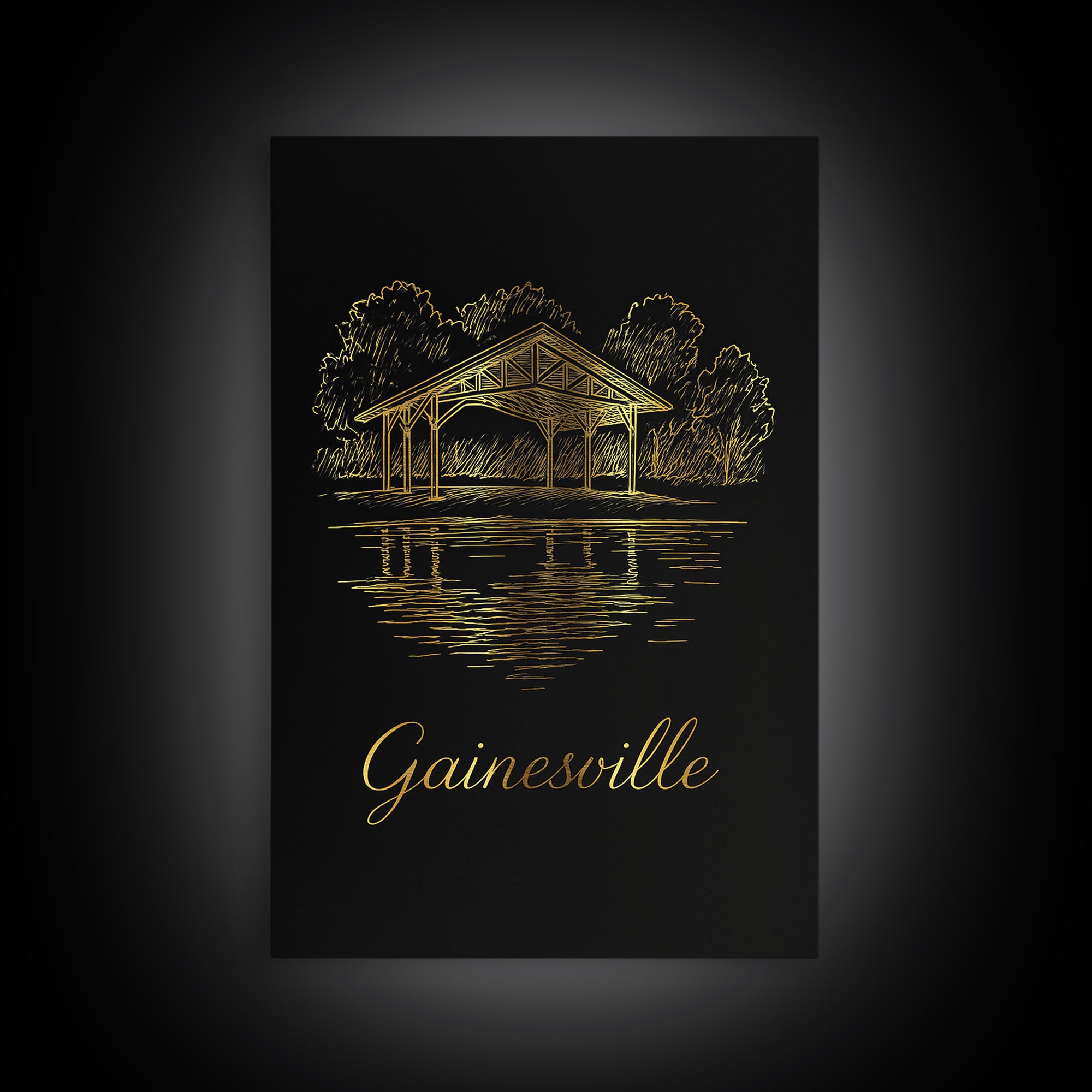 Gainesville Travel Poster, Framed Canvas Print, Minimalist Gold Line Art, Gainesville Travel Art, Wanderlust Decor, Modern Wall Decor