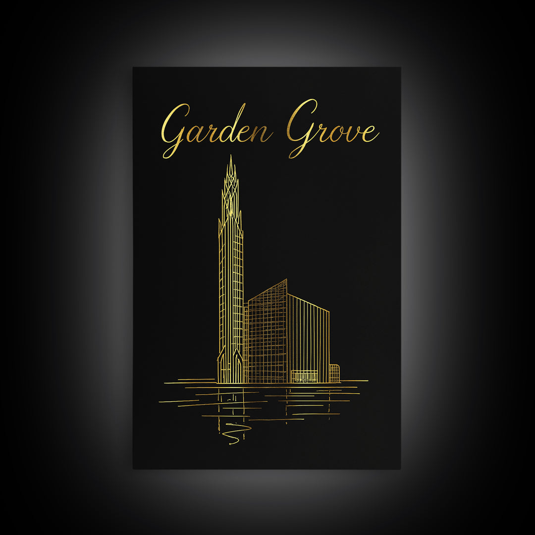 Garden Grove Travel Poster, Canvas Print, Black Gold Minimalist Art, Garden Grove Poster Print, Mid Century Wall Art, Travel Wall Art