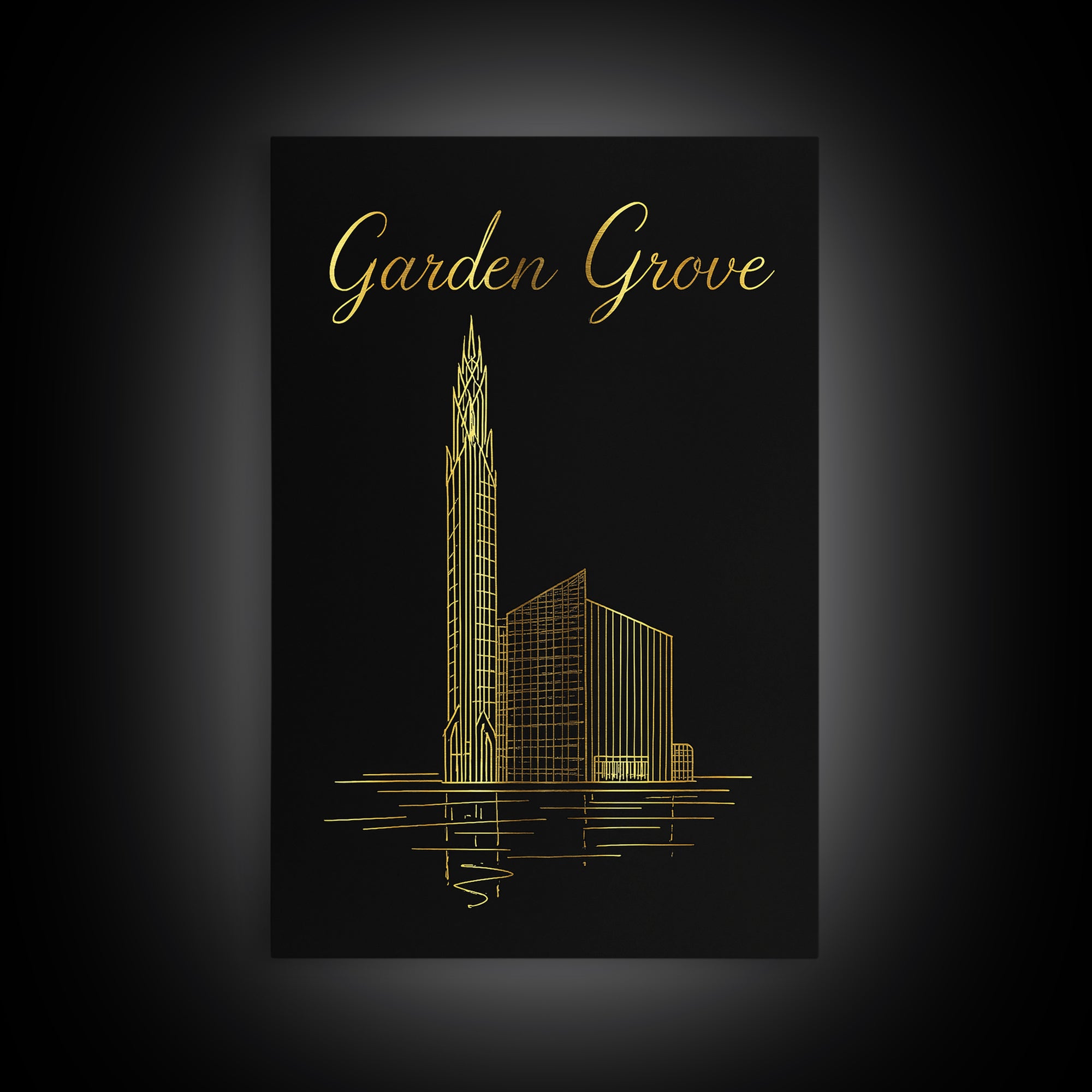 Garden Grove Travel Poster, Canvas Print, Black Gold Minimalist Art, Garden Grove Poster Print, Mid Century Wall Art, Travel Wall Art