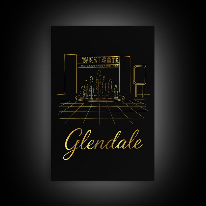 Glendale Travel Poster, Framed Canvas Print, Black Gold Minimalist Art, Glendale Art Print, Travel Art Print, Fine Art Print, Home Decor