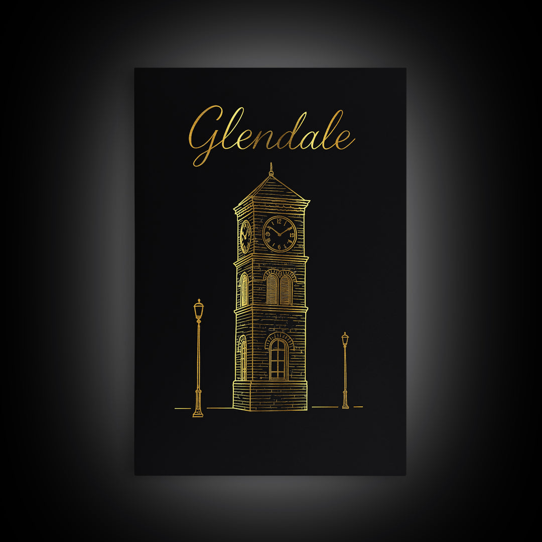 Glendale Travel Poster, Framed Canvas Print, Gold Outline Poster Art, Glendale Wall Art, Retro Travel Print, Wanderlust Decor, Wall Art