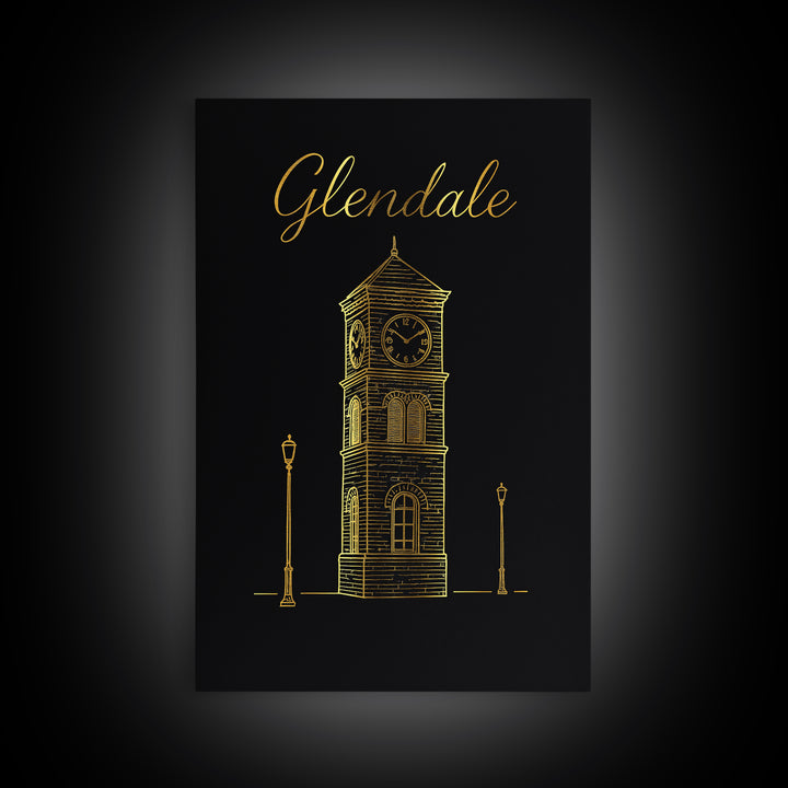 Glendale Travel Poster, Framed Canvas Print, Gold Outline Poster Art, Glendale Wall Art, Retro Travel Print, Wanderlust Decor, Wall Art