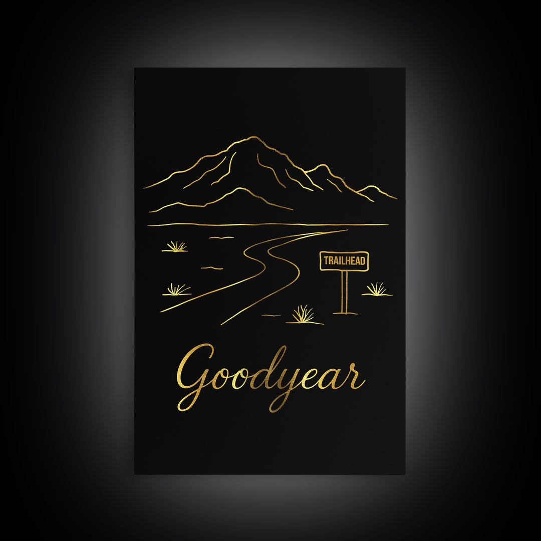 Goodyear Travel Poster, Framed Canvas Print, Gold Outline Poster Art, Goodyear Travel Art, Mid Century Wall Art, Vintage Travel Art