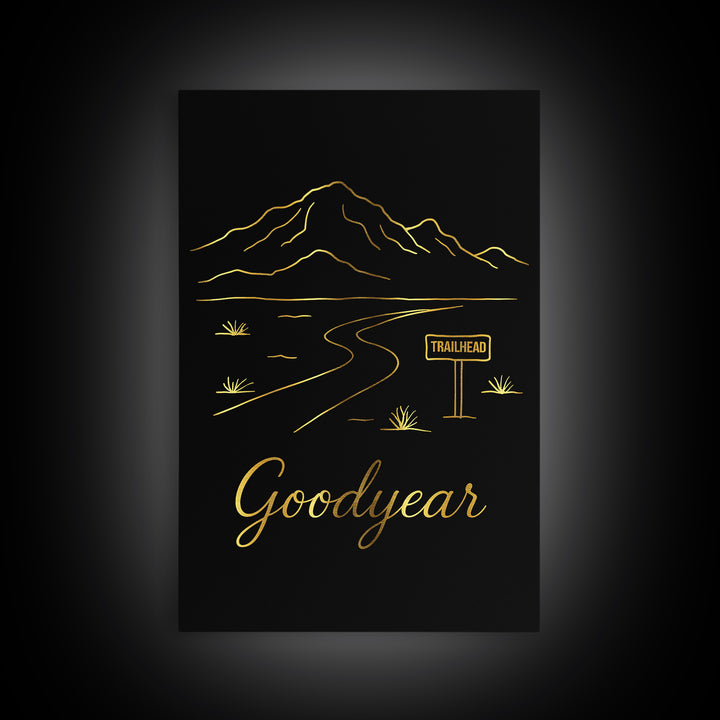 Goodyear Travel Poster, Framed Canvas Print, Gold Outline Poster Art, Goodyear Travel Art, Mid Century Wall Art, Vintage Travel Art