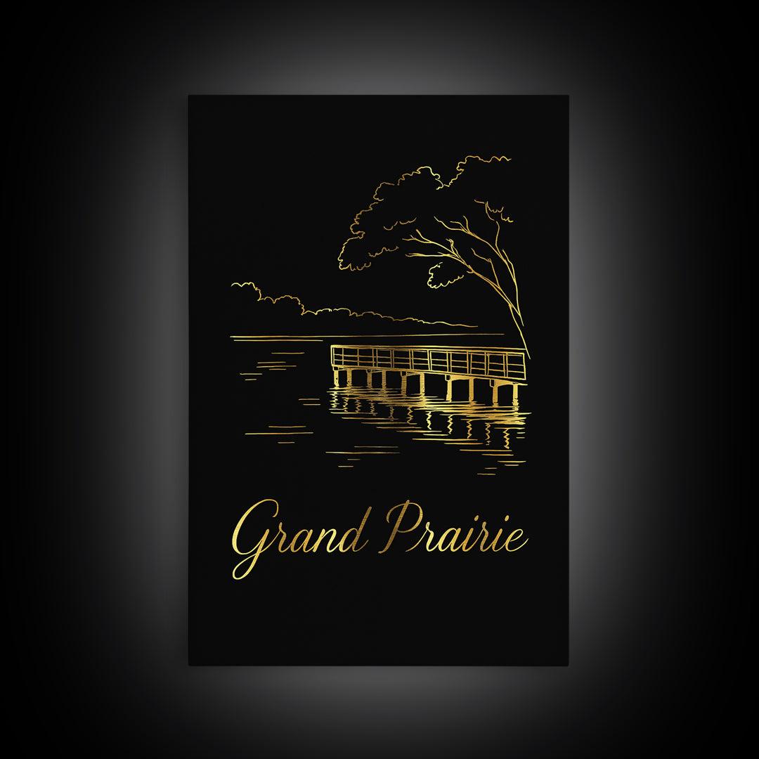 Grand Prairie Travel Poster, Framed Canvas Print, Black Gold Minimalist Art, Grand Prairie Art Print, Fine Art Print, Travel Wall Decor