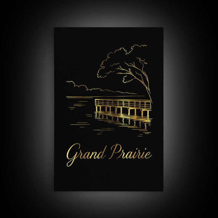 Grand Prairie Travel Poster, Framed Canvas Print, Black Gold Minimalist Art, Grand Prairie Art Print, Fine Art Print, Travel Wall Decor