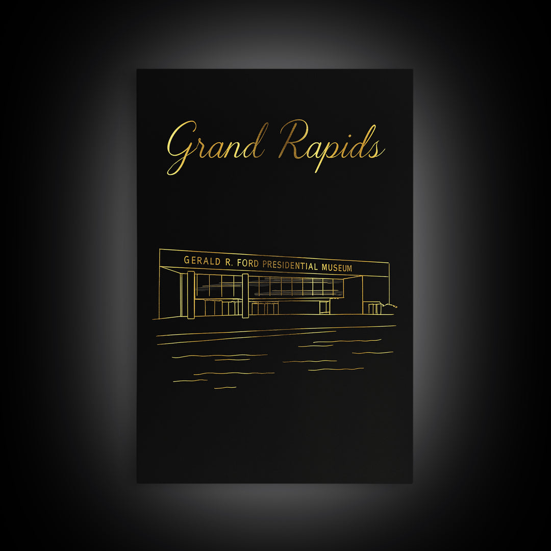 Grand Rapids Travel Poster, Framed Canvas Print, Black Gold Minimalist Art, Grand Rapids Travel Art, Mid Century Wall Art, City Art Print