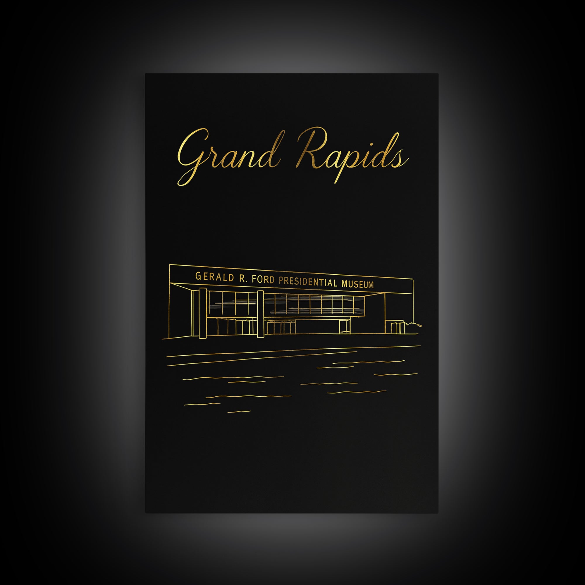 Grand Rapids Travel Poster, Framed Canvas Print, Black Gold Minimalist Art, Grand Rapids Travel Art, Mid Century Wall Art, City Art Print