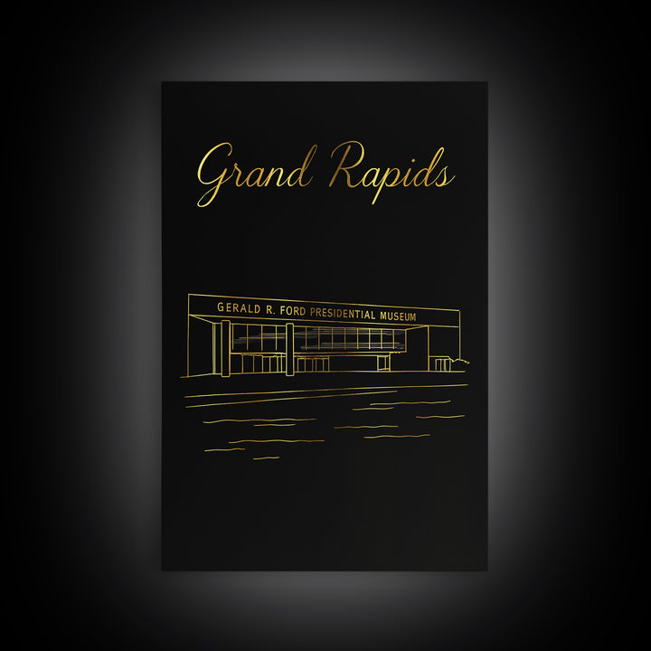 Grand Rapids Travel Poster, Framed Canvas Print, Black Gold Minimalist Art, Grand Rapids Travel Art, Mid Century Wall Art, City Art Print