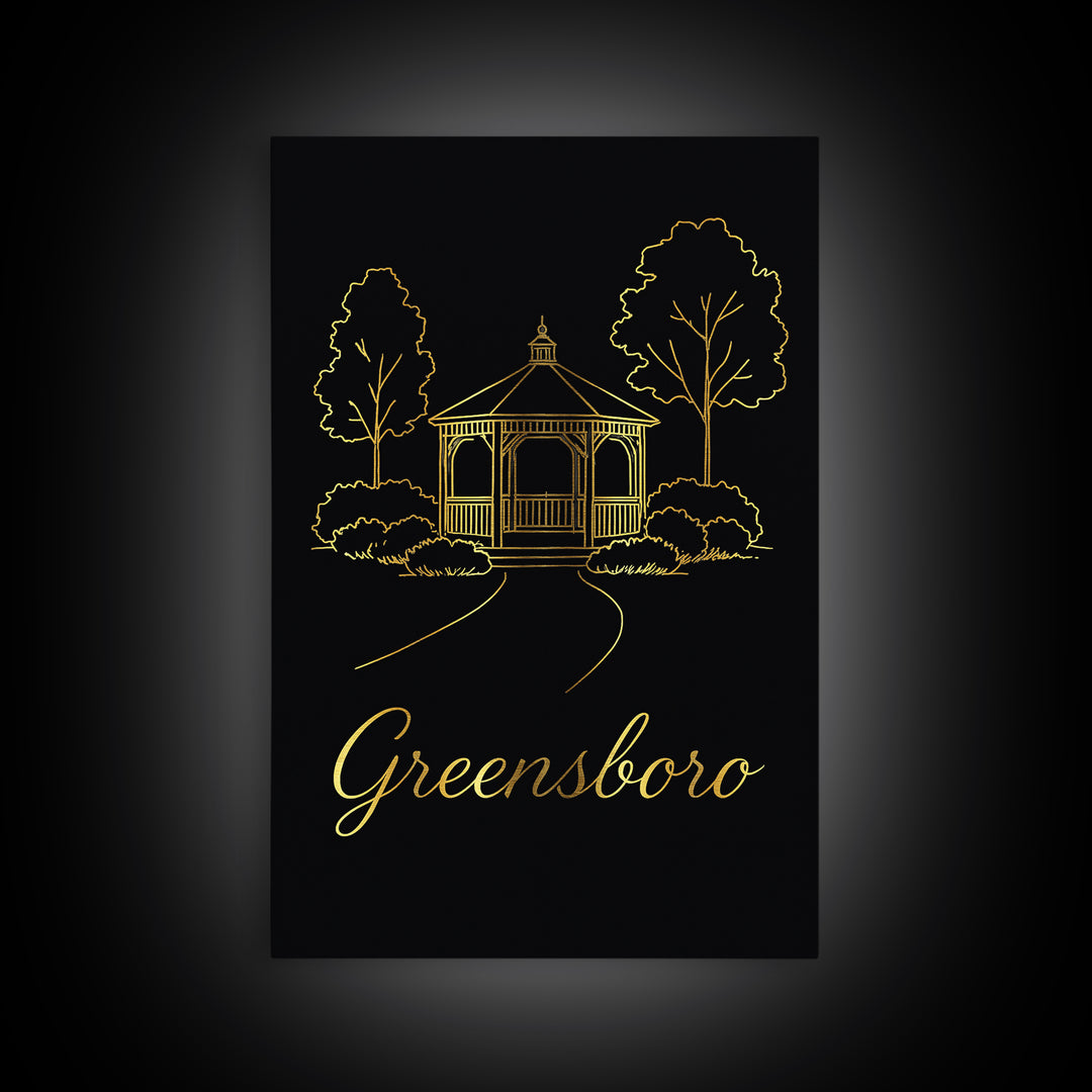 Greensboro Travel Poster, Framed Canvas Print, Gold Outline Poster Art, Greensboro Art Print, Travel Poster Set, Vintage Travel Print