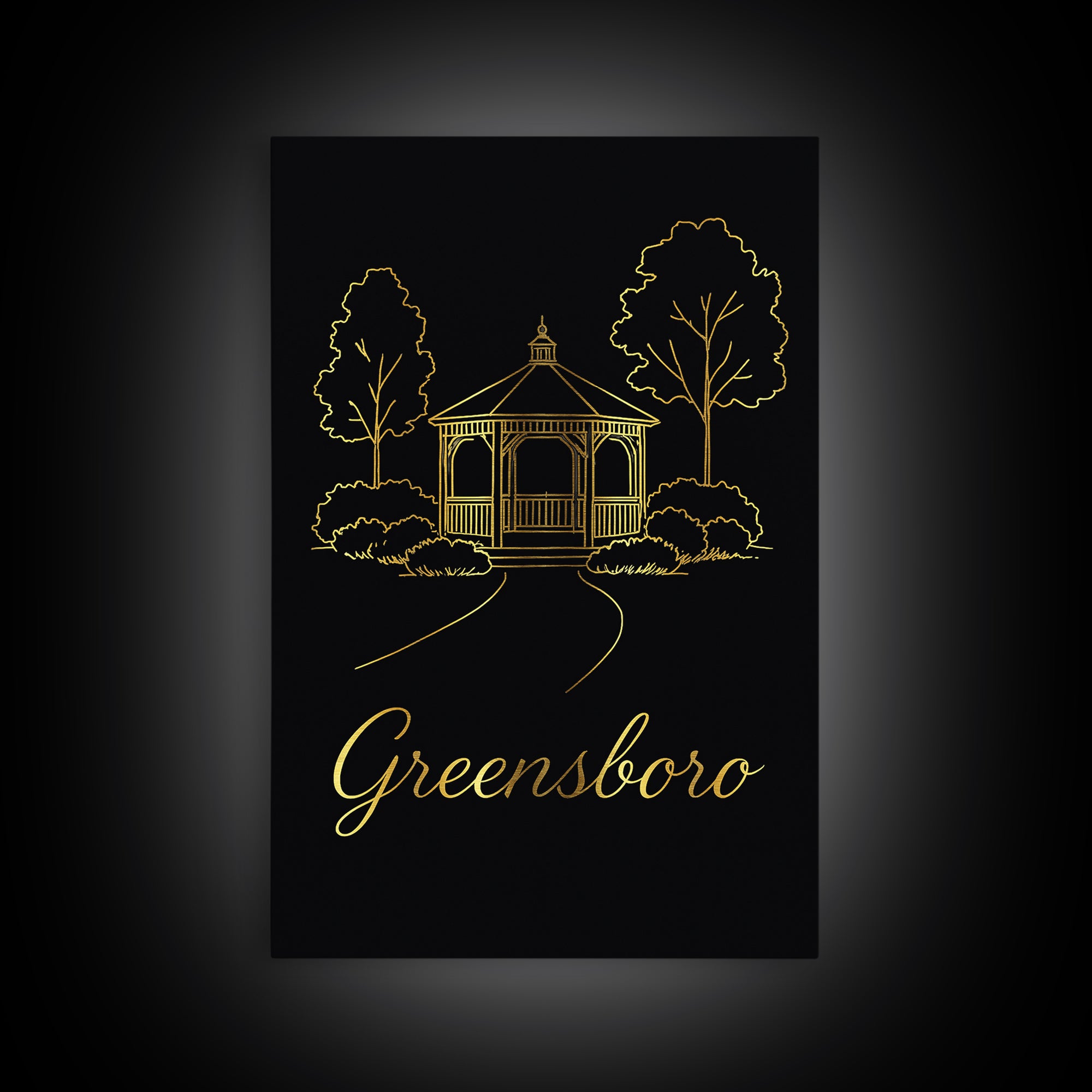 Greensboro Travel Poster, Framed Canvas Print, Gold Outline Poster Art, Greensboro Art Print, Travel Poster Set, Vintage Travel Print