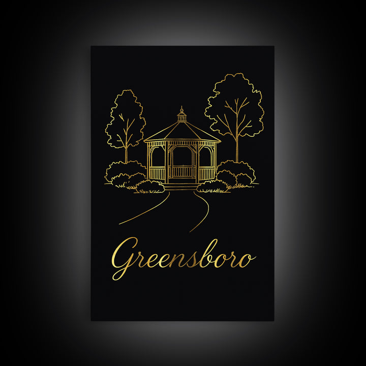 Greensboro Travel Poster, Framed Canvas Print, Gold Outline Poster Art, Greensboro Art Print, Travel Poster Set, Vintage Travel Print
