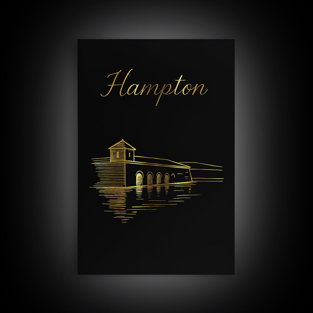 Hampton Travel Poster, Canvas Print, Dark Minimalist Wall Art, Hampton Wall Art, Modern Wall Decor, City Illustration, Travel Wall Art