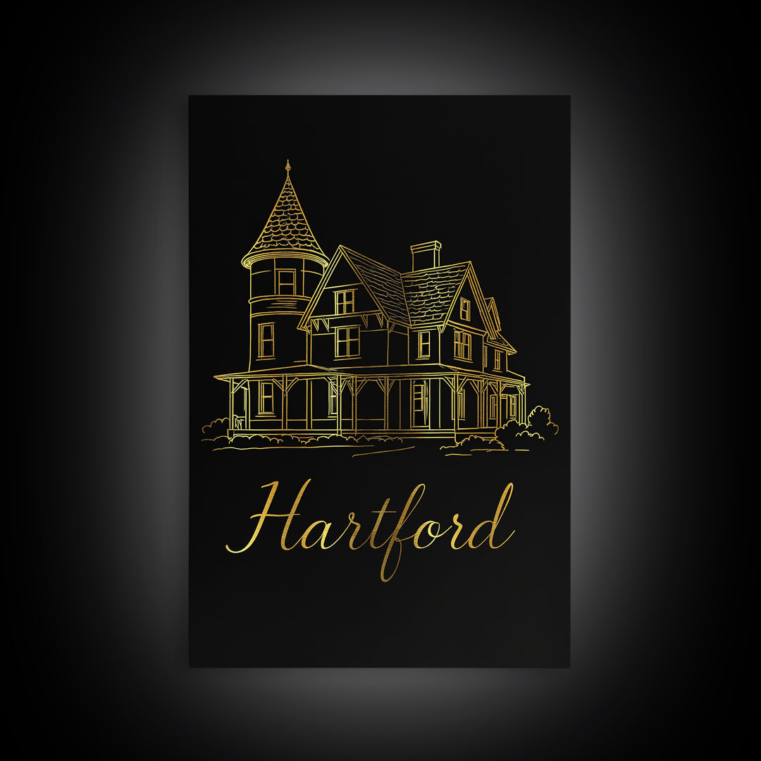 Hartford Connecticut Travel Poster, Canvas Print, Gold Outline Poster Art, Hartford Wall Art, Travel Poster Set, Travel Art Print, Wall Art