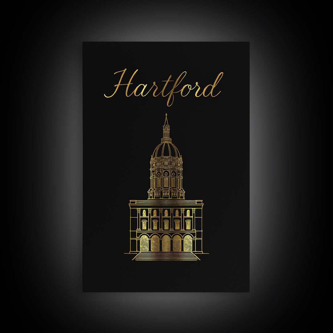 Hartford Travel Poster, Framed Canvas Print, Dark Minimalist Wall Art, Hartford Travel Art, Living Room Wall Art, Modern Wall Decor